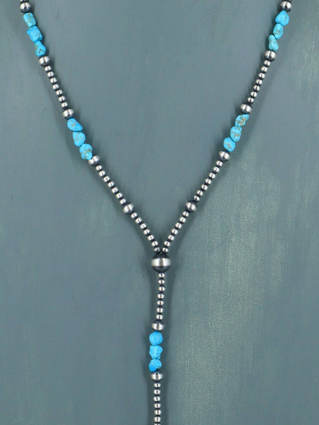 Native American Turquoise and Silver Bead Lariat Necklace - PuebloDirect.com