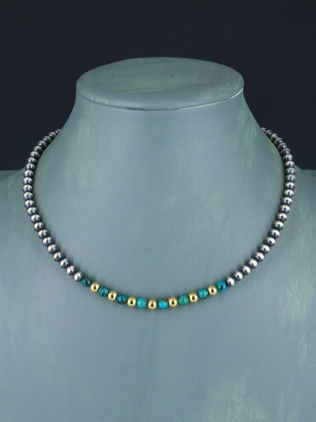 Native American Turquoise and Silver Bead Necklace - PuebloDirect.com