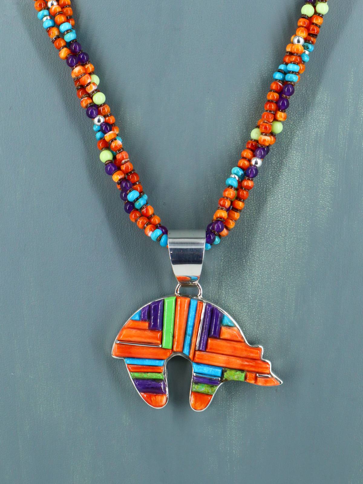 Native American Multistone Inlay Bear Pendant with Beaded Necklace - PuebloDirect.com
