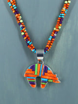 Native American Multistone Inlay Bear Pendant with Beaded Necklace - PuebloDirect.com
