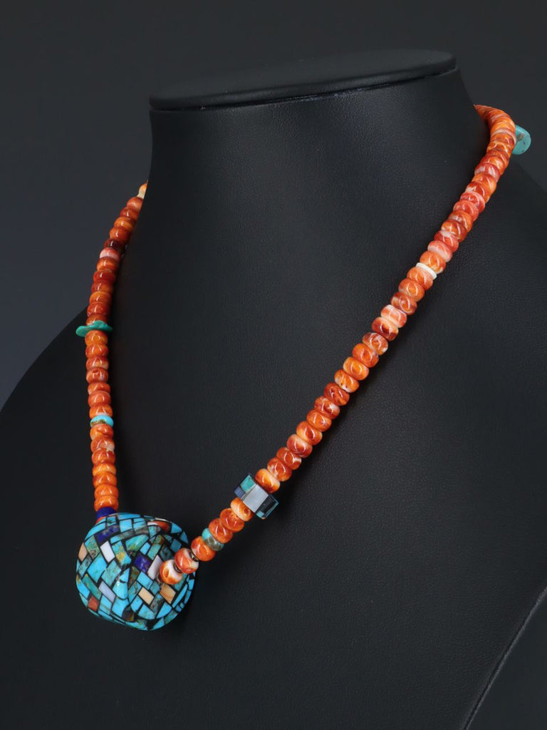 Native American Santo Domingo Spiny Oyster Mosaic Necklace - PuebloDirect.com