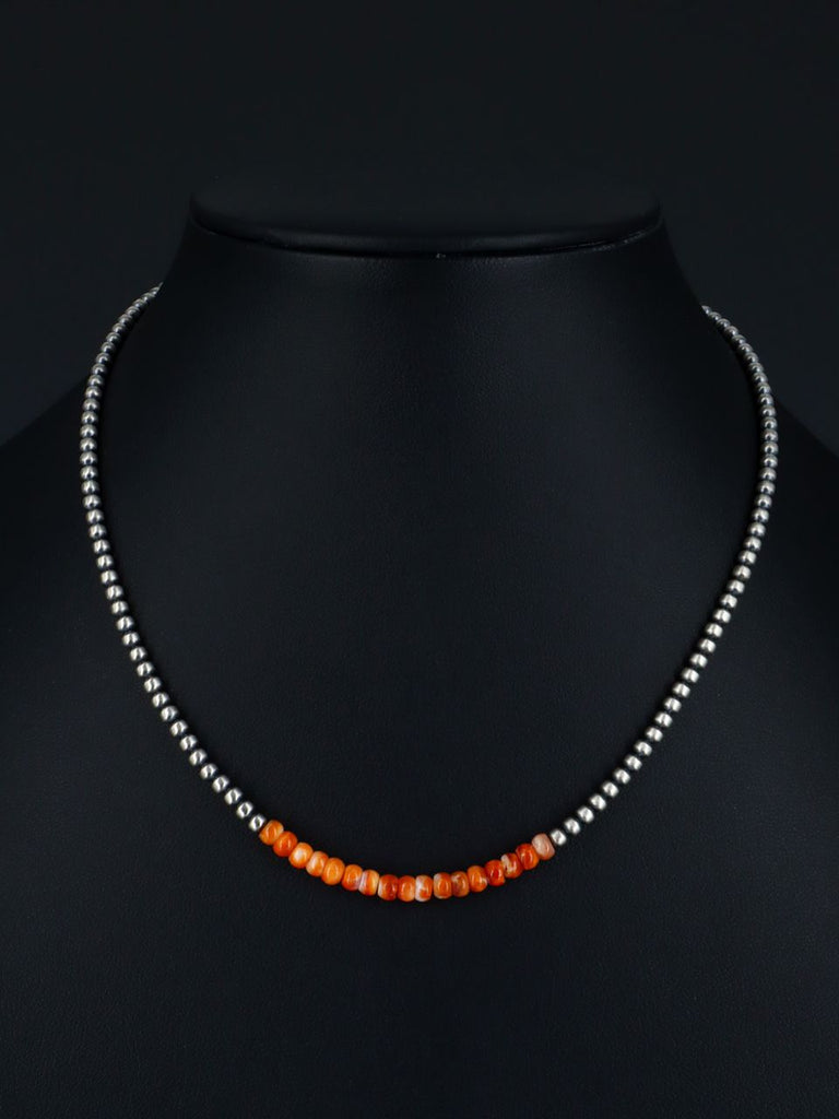 16" Native American Spiny Oyster and Silver Bead Necklace - PuebloDirect.com