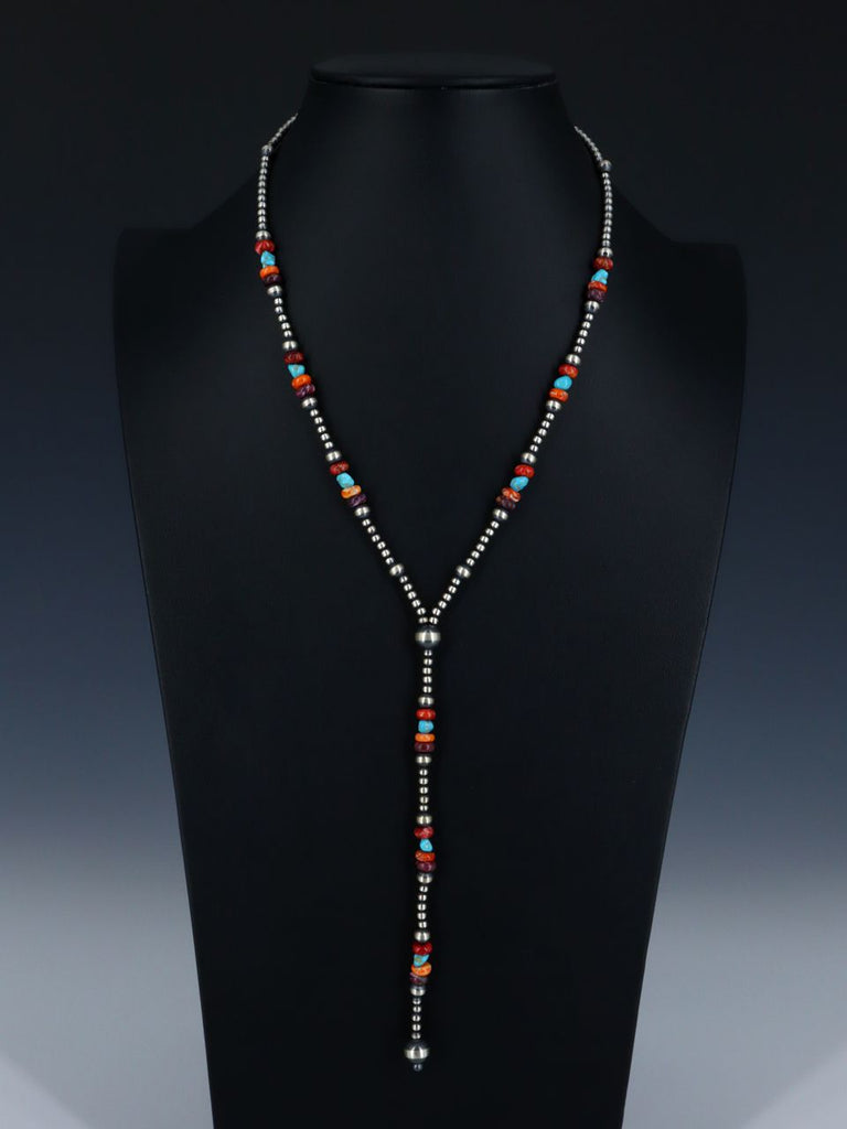 Native American Turquoise and Spiny Oyster Silver Bead Lariat Necklace - PuebloDirect.com