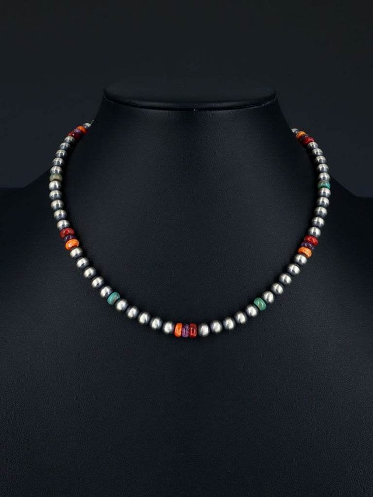 16" Native American Turquoise, Spiny Oyster and Silver Bead Necklace - PuebloDirect.com
