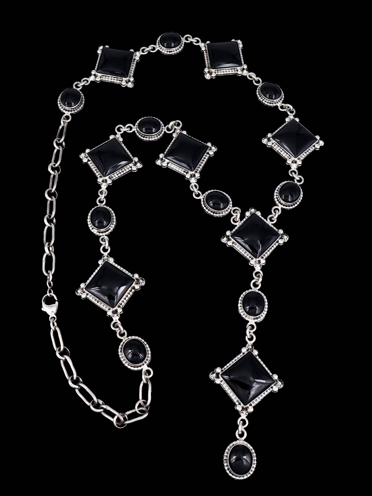 Native American Sterling Silver Black Onyx Lariat Necklace - PuebloDirect.com
