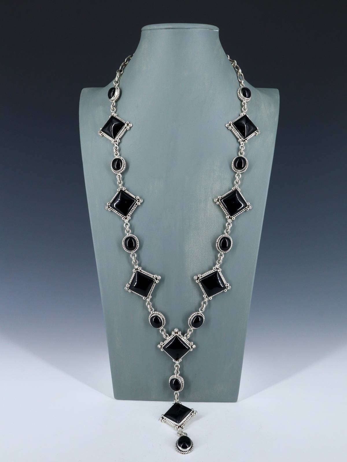 Native American Sterling Silver Black Onyx Lariat Necklace