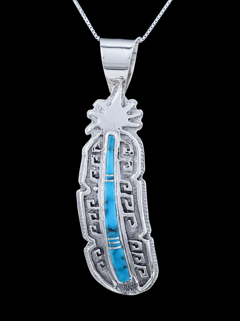 Navajo Cobblestone Inlay Turquoise Sterling Silver Feather Pendant - PuebloDirect.com