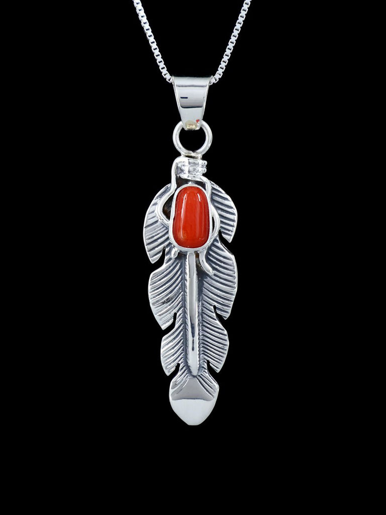 Navajo Crafted Sterling Silver Coral Feather Pendant - PuebloDirect.com