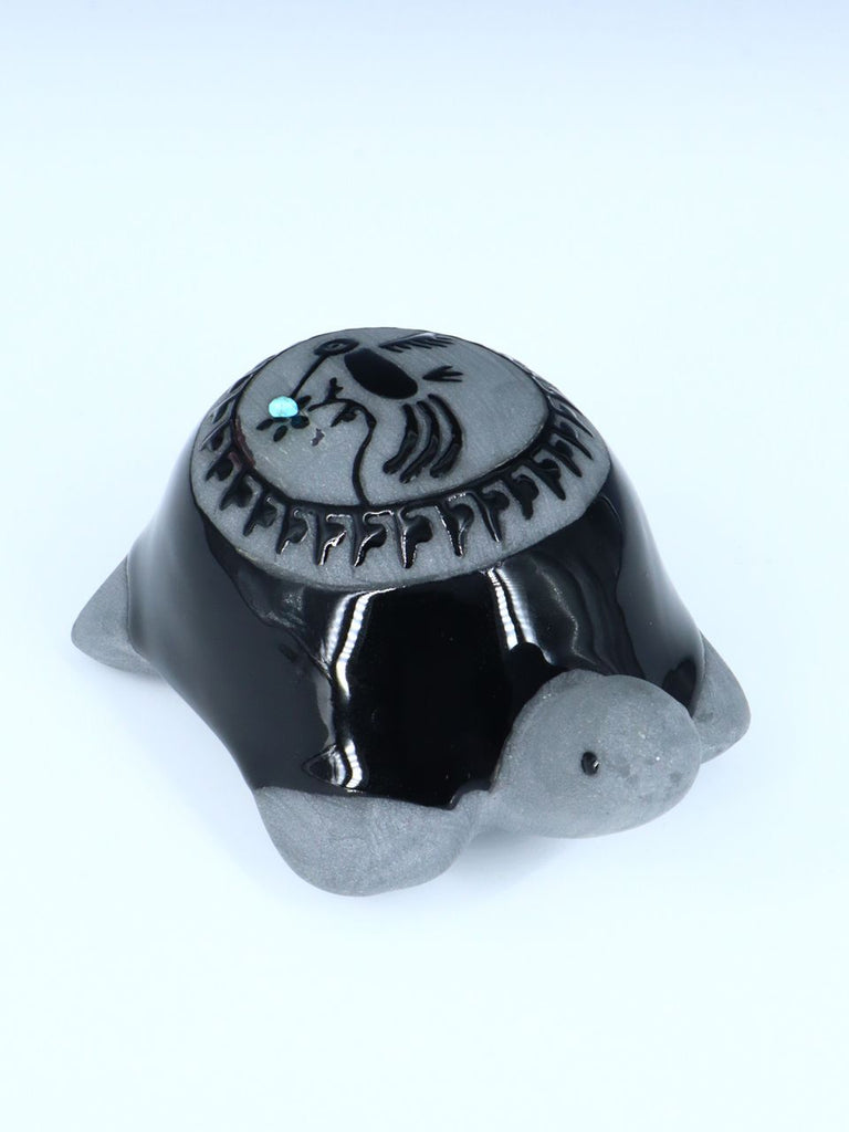 San Juan Pueblo Black Pottery Turtle with Hummingbird Design - PuebloDirect.com