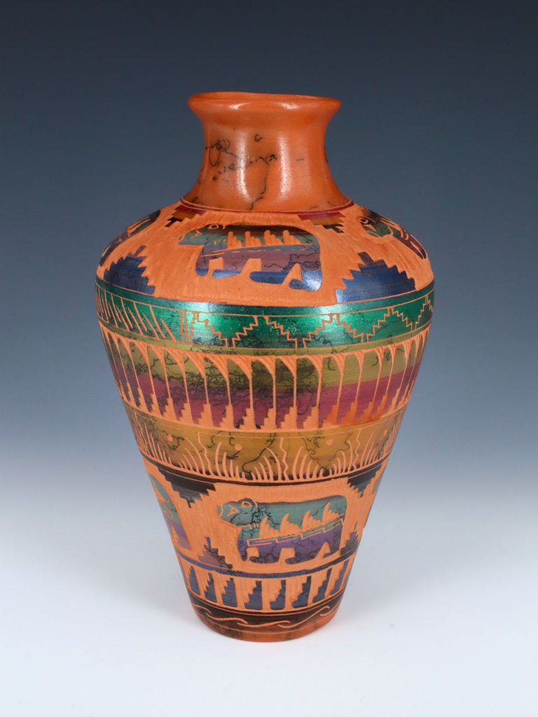 Etched Bear Navajo Horsehair Pottery Vase - PuebloDirect.com