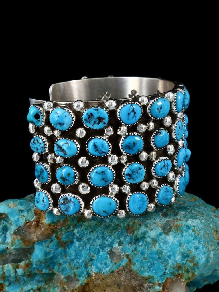 Navajo Sterling Silver Turquoise Row Cuff Bracelet - PuebloDirect.com