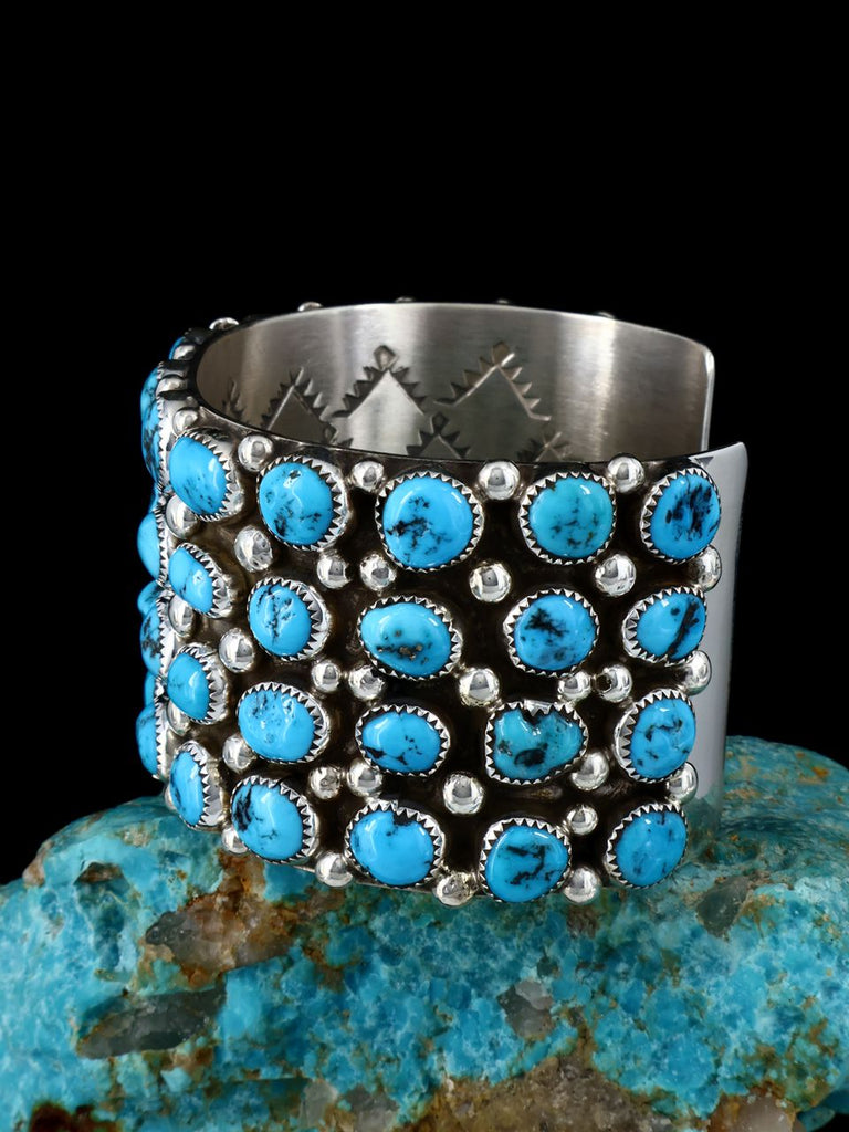 Navajo Sterling Silver Turquoise Row Cuff Bracelet - PuebloDirect.com