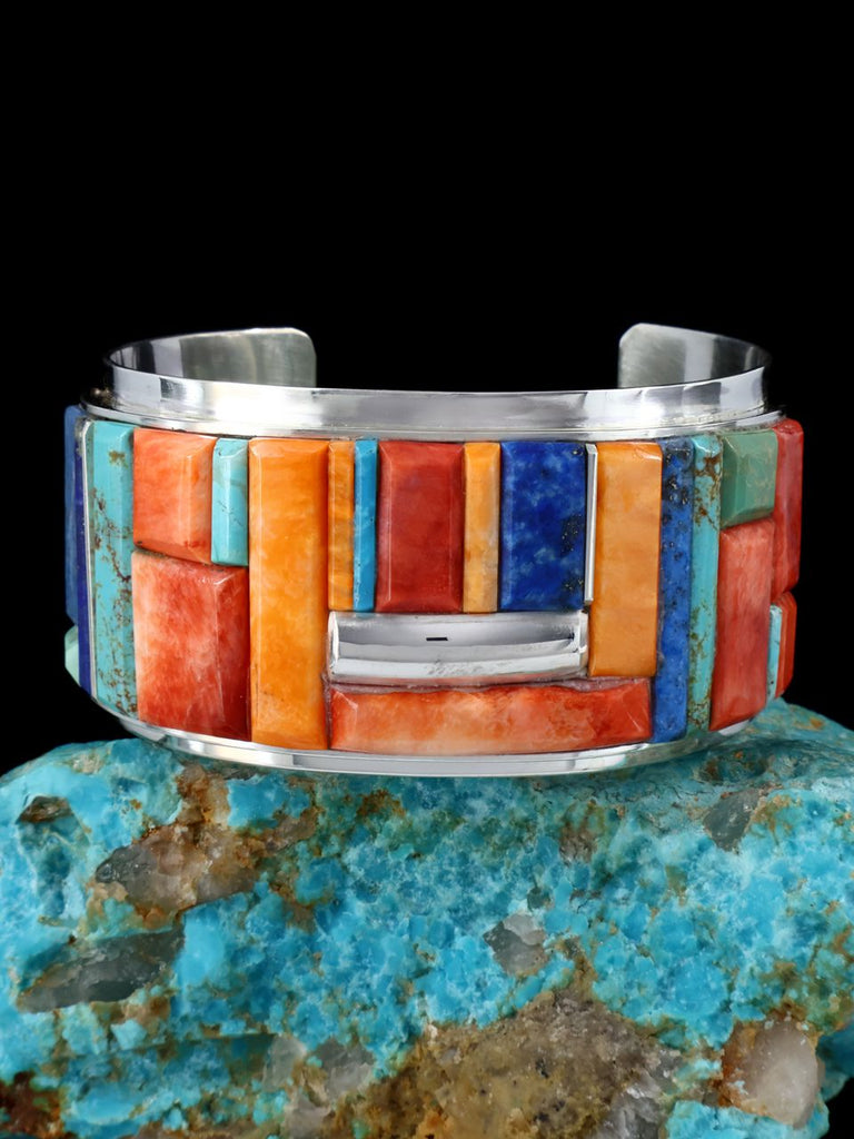 Native American Spiny Oyster and Turquoise Inlay Cuff Bracelet - PuebloDirect.com