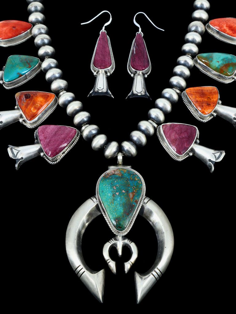 Navajo Jewelry Turquoise and Spiny Oyster Squash Blossom Necklace Set - PuebloDirect.com