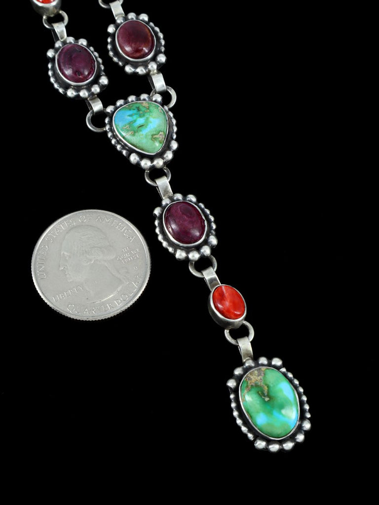 Native American Turquoise and Spiny Oyster Sterling Silver Lariat Necklace - PuebloDirect.com