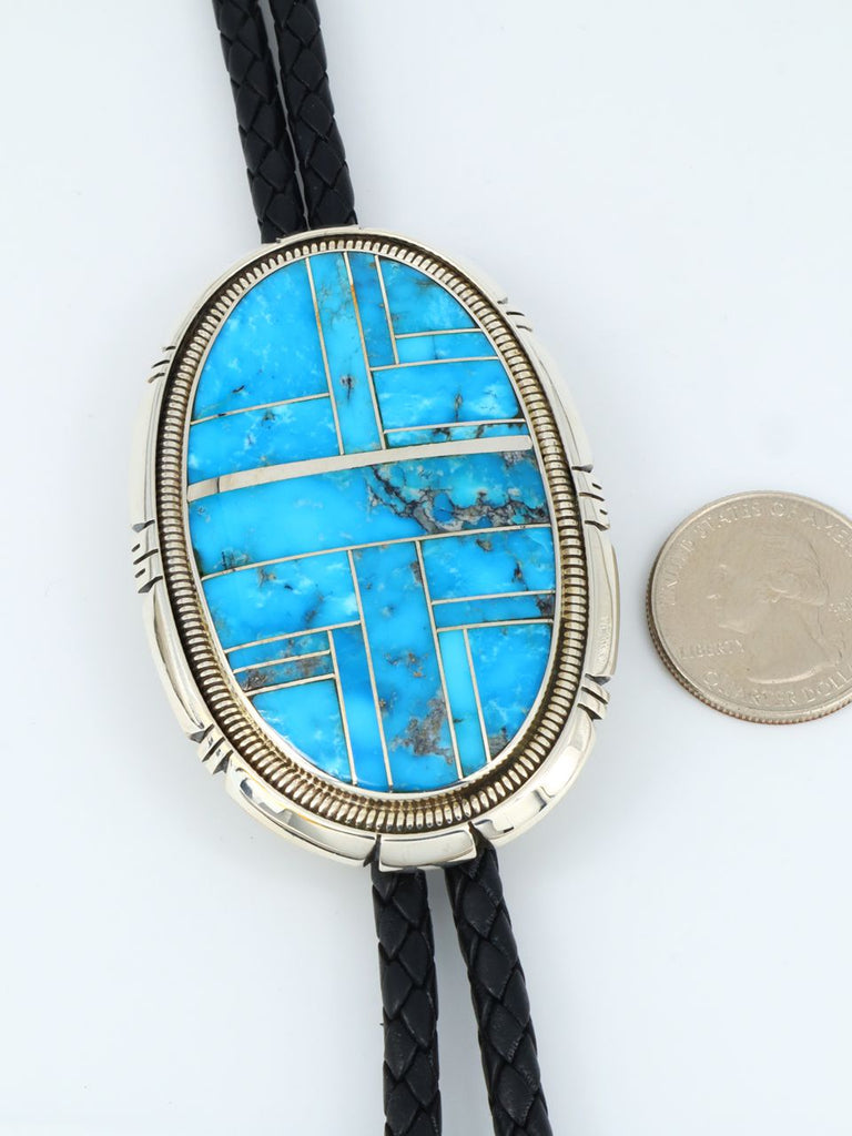 Native American Sterling Silver Kingman Turquoise Inlay Bolo Tie - PuebloDirect.com