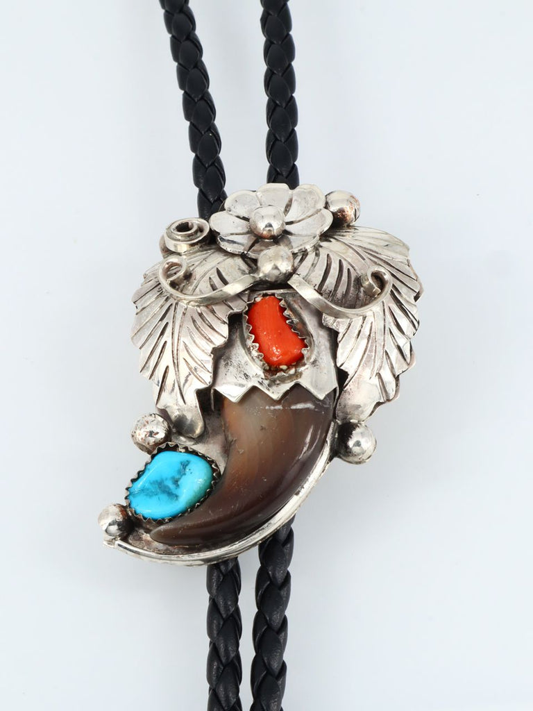 Navajo Sterling Silver Turquoise and Coral Claw Bolo Tie - PuebloDirect.com