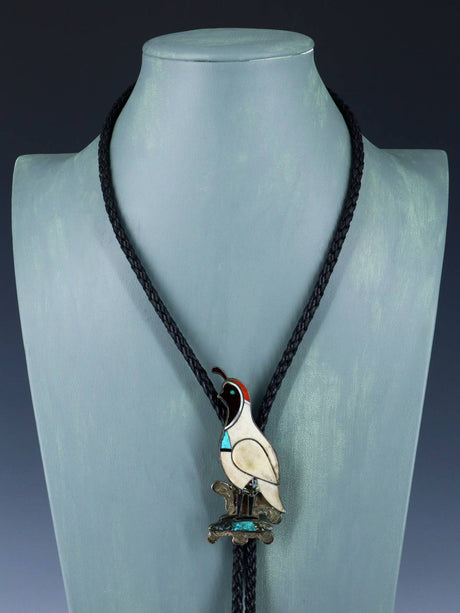 Vintage Estate Zuni Pueblo Sterling Silver Inlaid Quail Bolo Tie