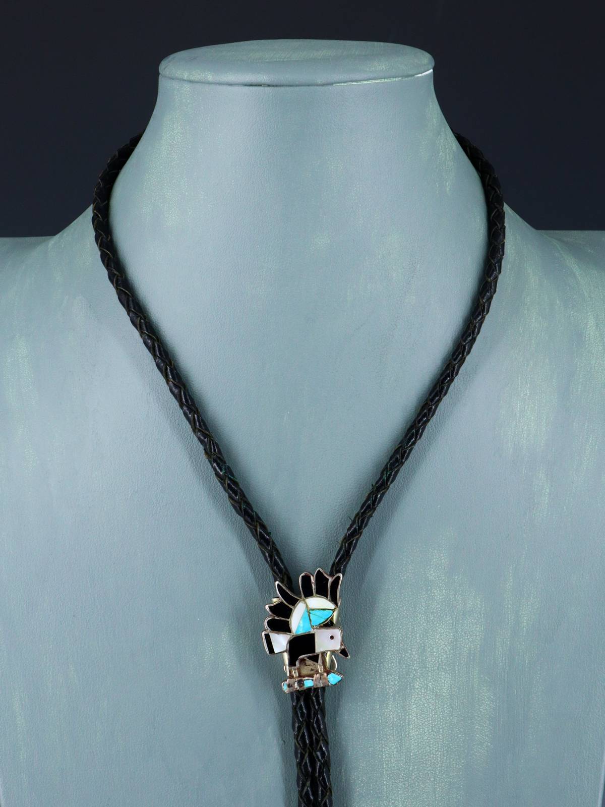 Vintage Estate Zuni Pueblo Sterling Silver Inlaid Eagle Bolo Tie