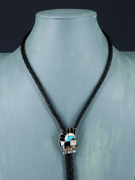 Vintage Estate Zuni Pueblo Sterling Silver Inlaid Eagle Bolo Tie