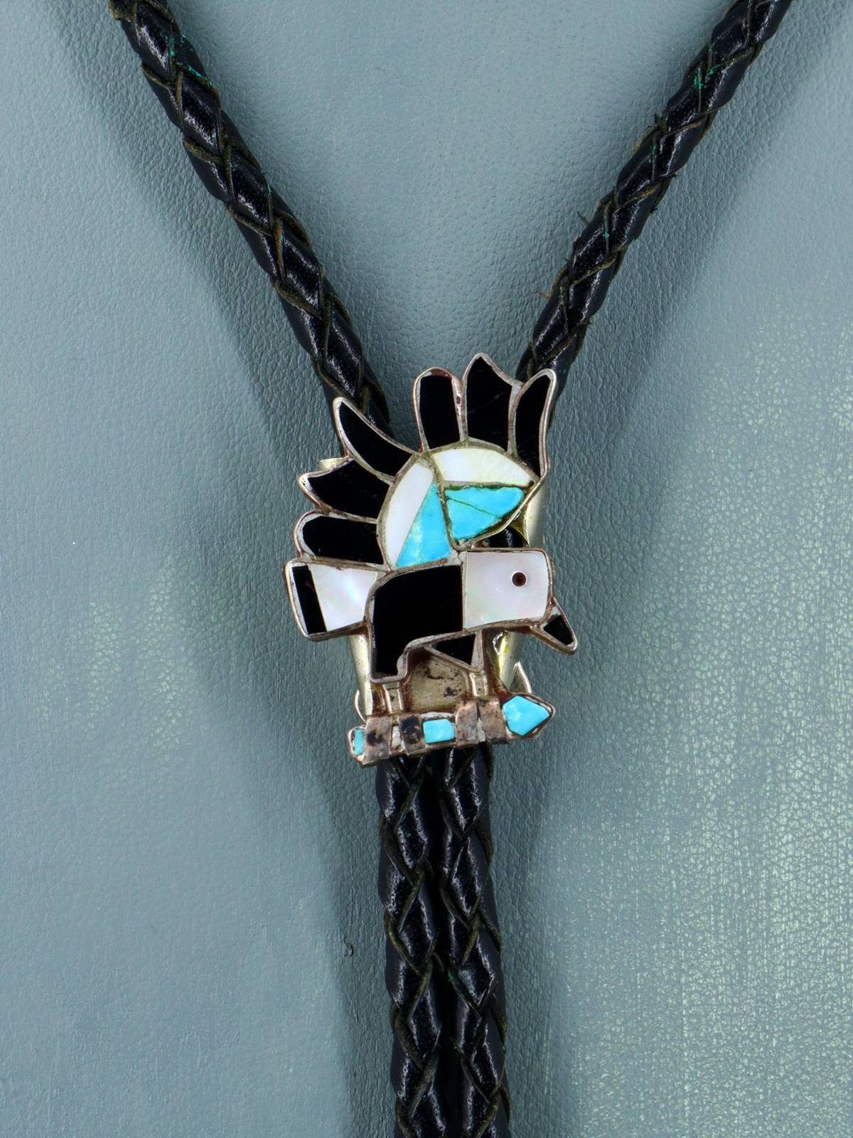 Vintage Estate Zuni Pueblo Sterling Silver Inlaid Eagle Bolo Tie