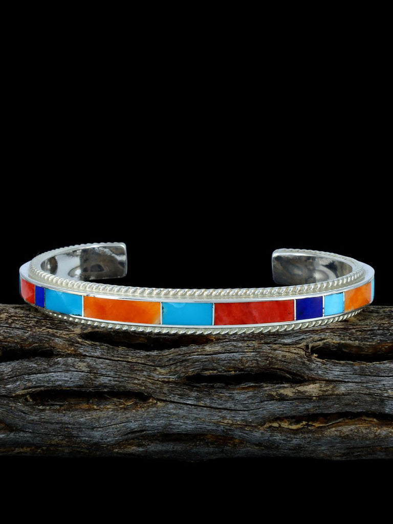 Sterling Silver Zuni Spiny Oyster and Turquoise Inlay Cuff Bracelet - PuebloDirect.com