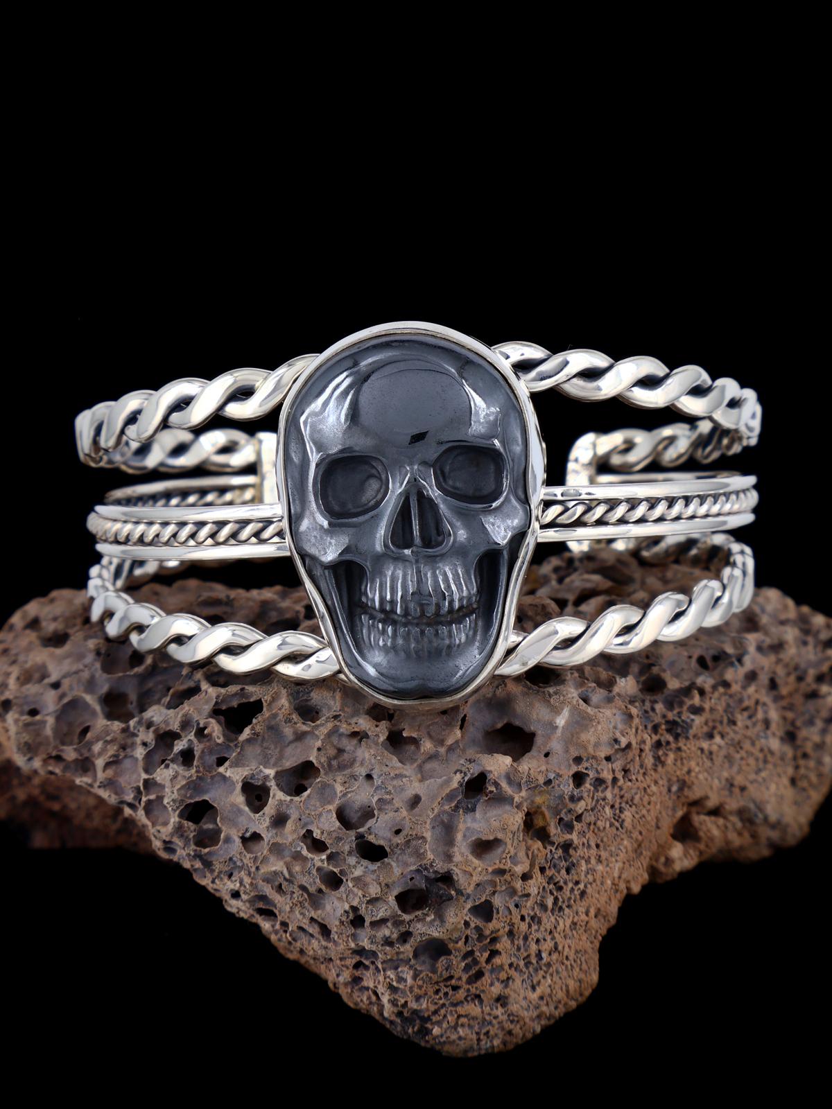 Native American Carved Hematite Skull Sterling Silver Cuff Bracelet