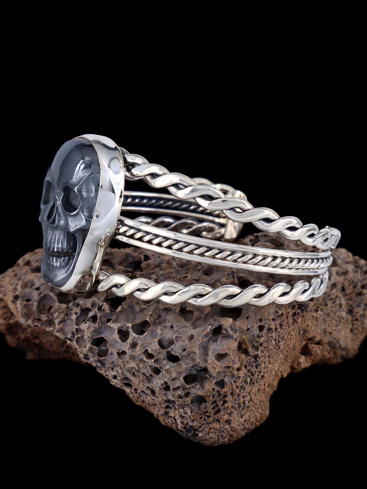 Native American Carved Hematite Skull Sterling Silver Cuff Bracelet