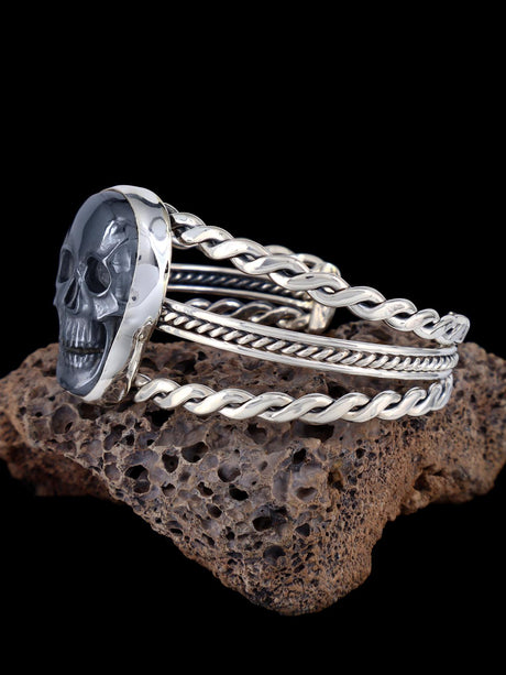 Native American Carved Hematite Skull Sterling Silver Cuff Bracelet