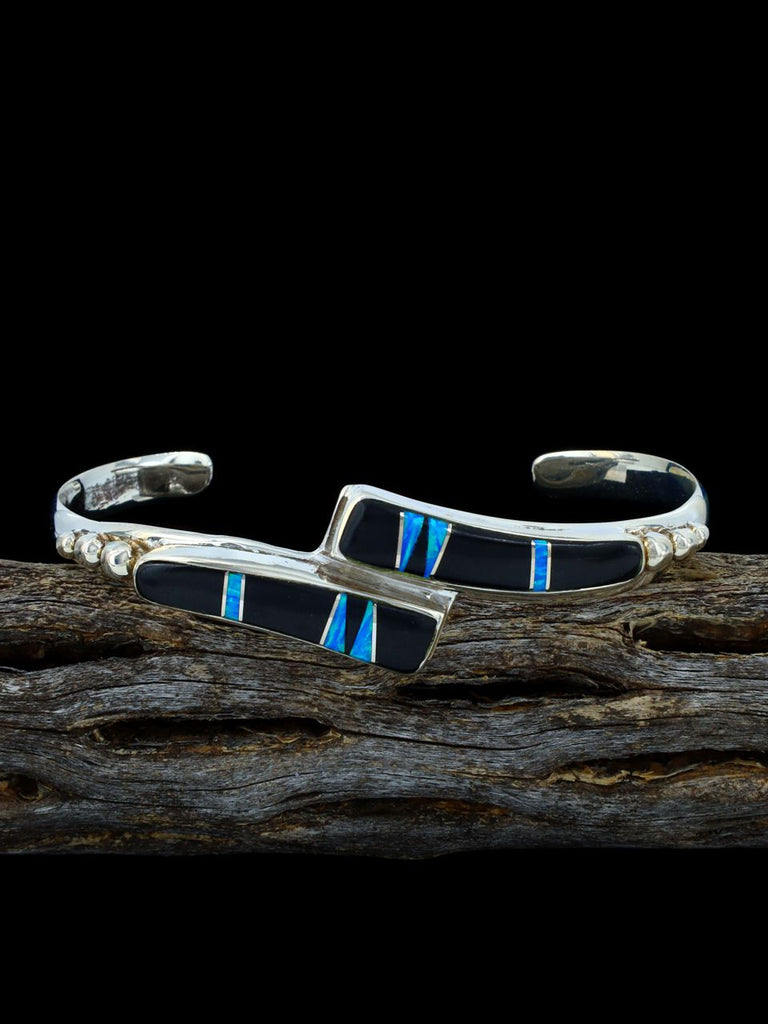 Native American Sterling Onyx and Opalite Inlay Cuff Bracelet - PuebloDirect.com