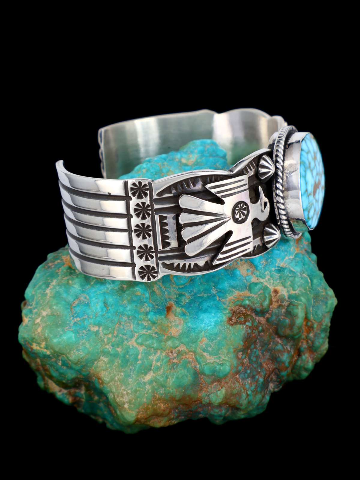 Navajo Jewelry Sterling Silver Kingman Turquoise Thunderbird Bracelet - PuebloDirect.com