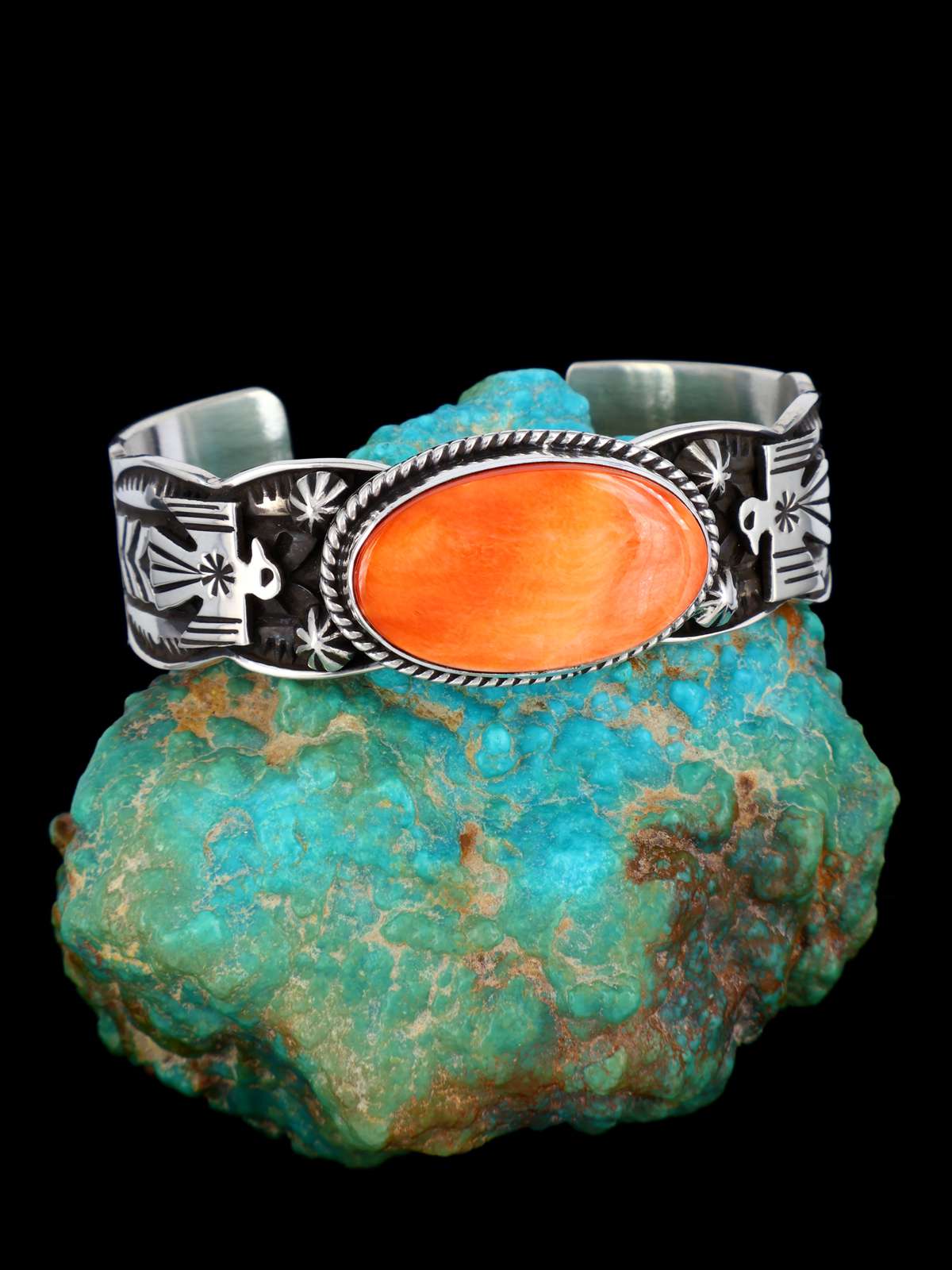 Navajo Jewelry Pulsera Thunderbird de plata de ley con turquesa Dry Creek