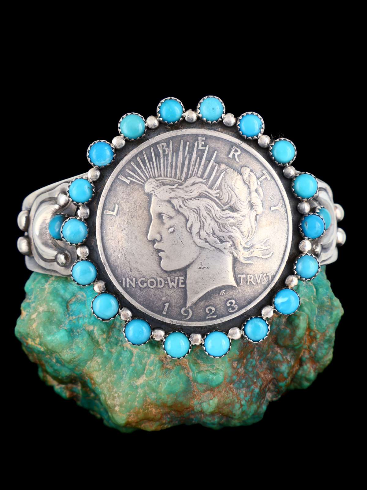 Native American Sterling Silver Turquoise Peace Silver Dollar Cuff Bracelet