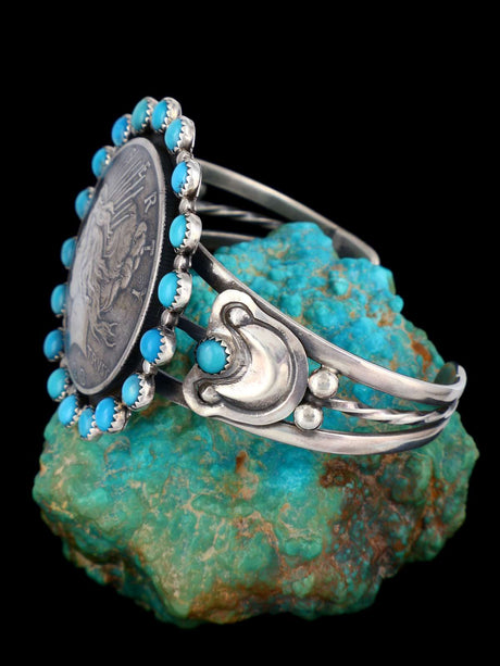 Native American Sterling Silver Turquoise Peace Silver Dollar Cuff Bracelet