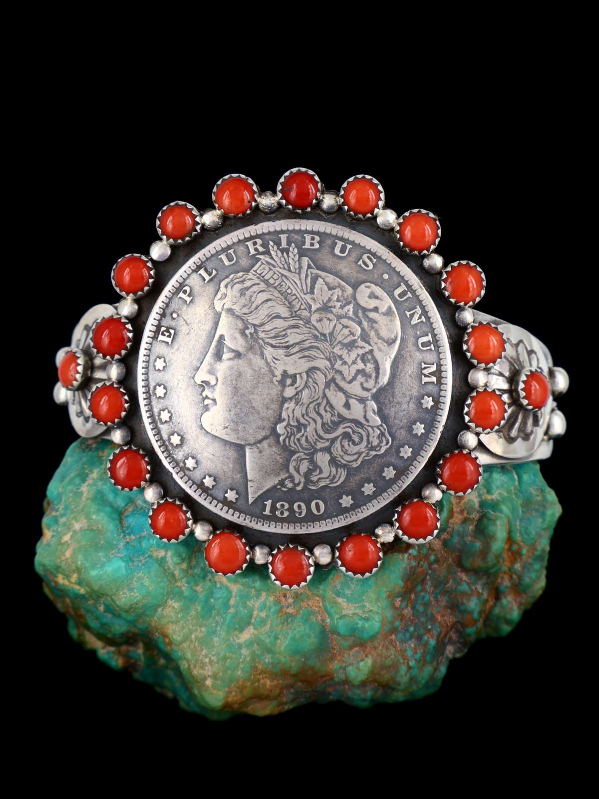 Native American Sterling Silver Coral Morgan Silver Dollar Cuff Bracelet - PuebloDirect.com