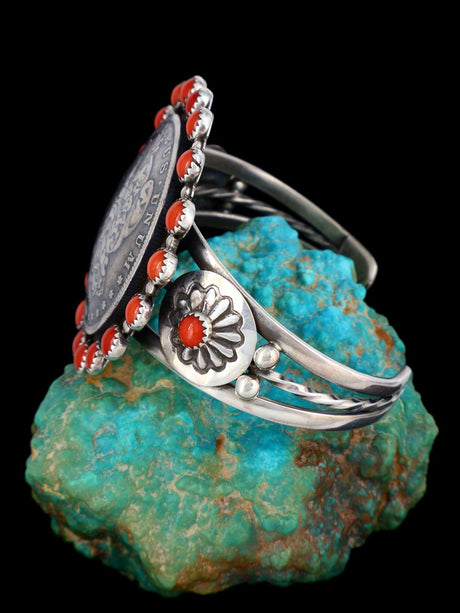 Native American Sterling Silver Coral Morgan Silver Dollar Cuff Bracelet