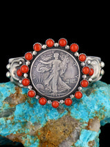 Native American Sterling Silver Coral Liberty Half Dollar Cuff Bracelet