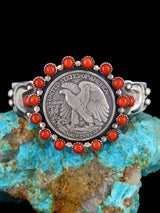 Native American Sterling Silver Coral Liberty Half Dollar Cuff Bracelet