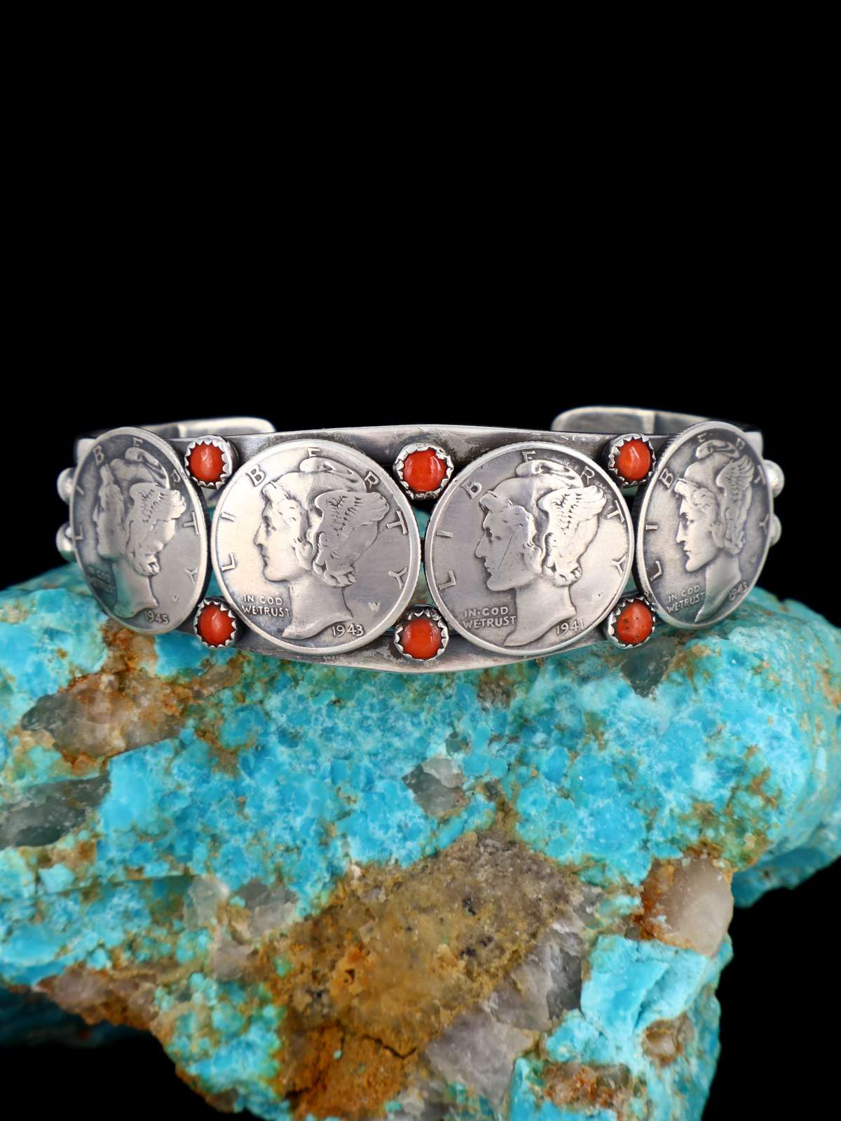 Native American Sterling Silver Coral Mercury Head Dime Cuff Bracelet