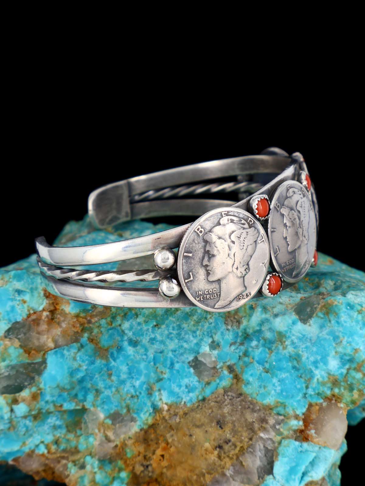 Native American Sterling Silver Coral Mercury Head Dime Cuff Bracelet