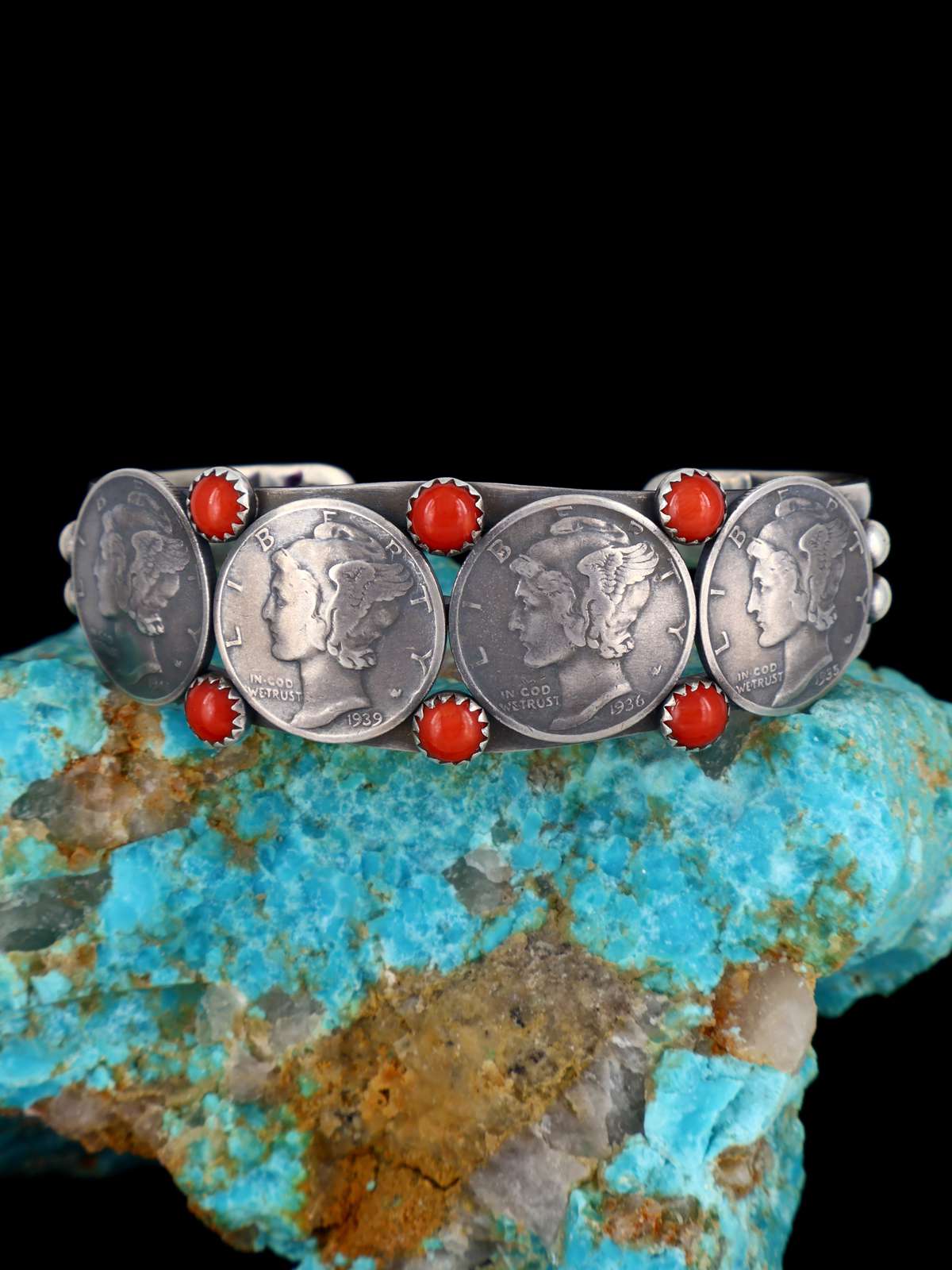 Native American Sterling Silver Coral Mercury Head Dime Cuff Bracelet