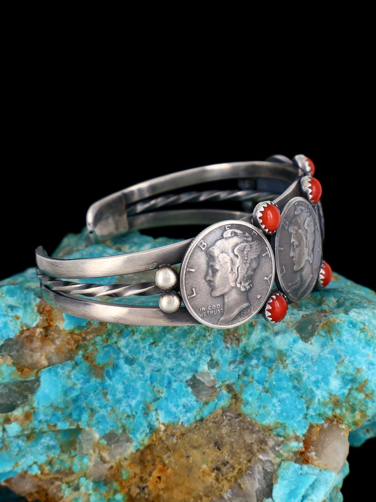 Native American Sterling Silver Coral Mercury Head Dime Cuff Bracelet