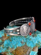 Native American Sterling Silver Coral Mercury Head Dime Cuff Bracelet