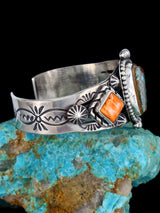 Native American Sterling Silver Pilot Mountain Turquoise and Spiny Oyster Bracelet