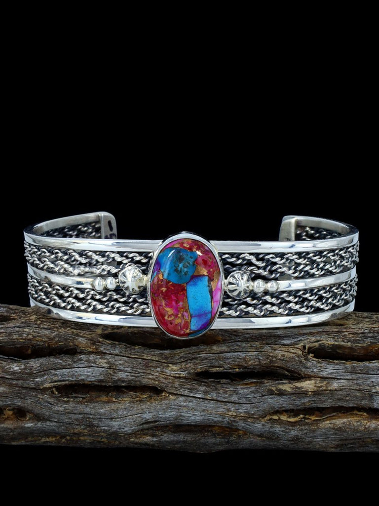 Native American Jewelry Sterling Silver Compressed Spiny Oyster Cuff Bracelet - PuebloDirect.com
