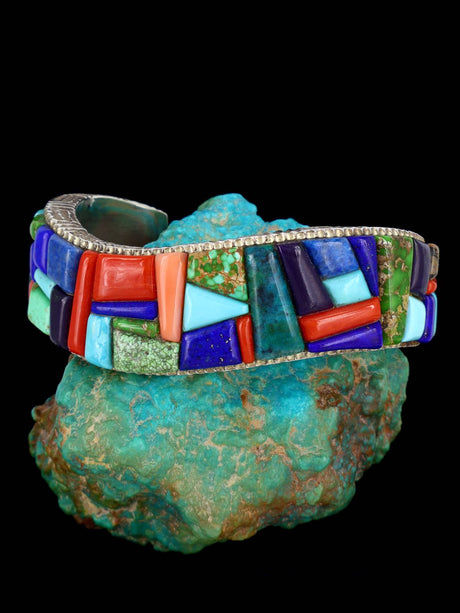 Estate Native American Multistone Corn Row Inlay Sterling Silver Bracelet - PuebloDirect.com