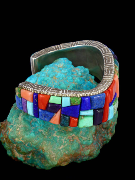 Estate Native American Multistone Corn Row Inlay Sterling Silver Bracelet - PuebloDirect.com