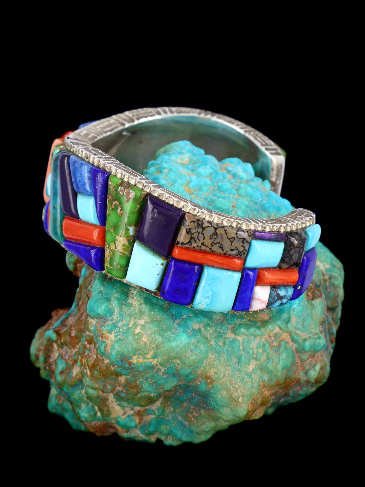 Estate Native American Multistone Corn Row Inlay Sterling Silver Bracelet - PuebloDirect.com
