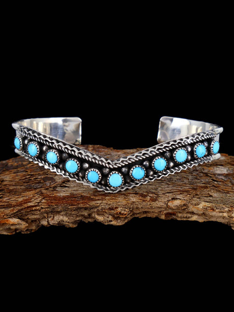 Navajo Kingman Turquoise Row Sterling Silver Cuff Bracelet - PuebloDirect.com
