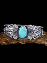 Navajo Sterling Silver Turquoise Feather Cuff Bracelet - PuebloDirect.com